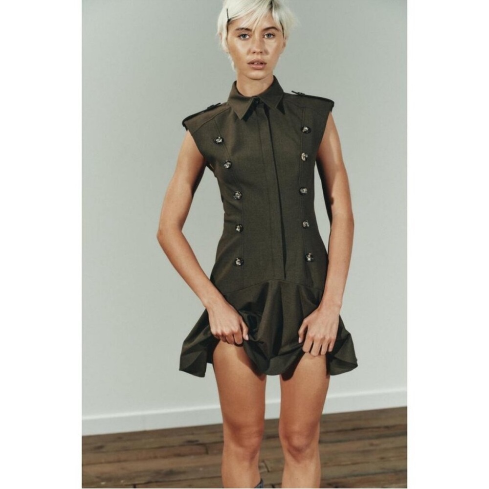 Military Double Breasted Mini Dress Shoulder Pads Olive Structured Zara NWT S
